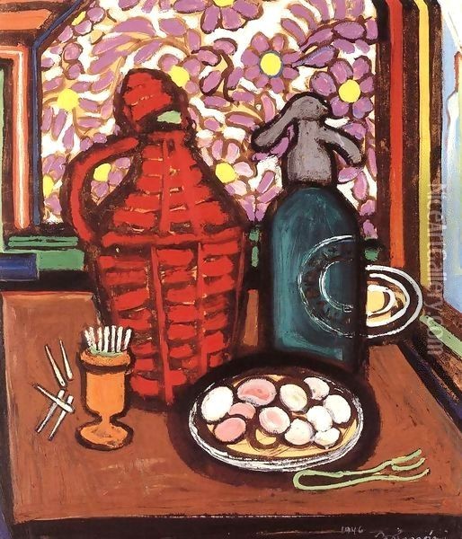 Table Still life with Demijohn 1946 Oil Painting - Eugene Galien-Laloue