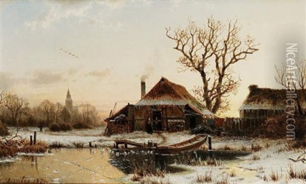 A Winter Twilight Oil Painting - Johannes Bartholomaeus Duntze
