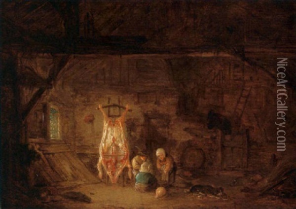 A Barn Interior With Three Children Playing With A Pig's Bladder Oil Painting - Isaac Van Ostade