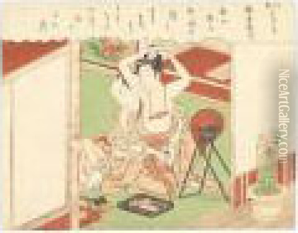 A Man Making Love To A Young Girl At Her Toilette Oil Painting - Suzuki Harunobu