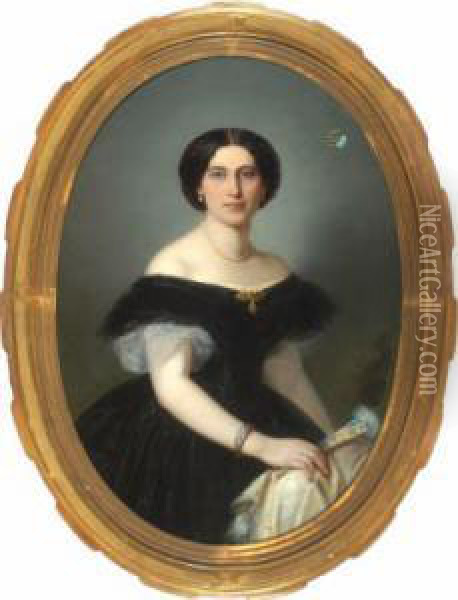 Portrait Einer Jungen Adeligen Dame Im Schwarzen Kleid Vor Neutralem Hintergrund Oil Painting - Carl Martin Von Ebersberg