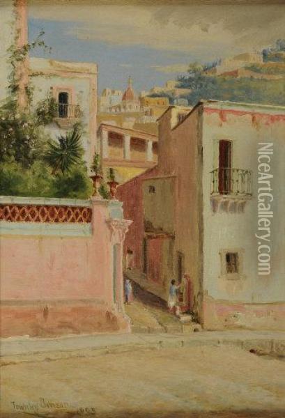 Mediterranean Hillside Town With Children Drawingwater From The Street Pump Oil Painting - Townley Benson