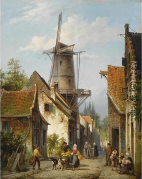 Figures In The Streets Of A Dutch Town Oil Painting - Cornelis Christiaan Dommersen