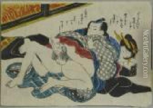 Eisen, Ikeda . Shunga-blatt. Geisha Und Liebhaber. Japan, 1835/40 Oil Painting - Keisai Eisen