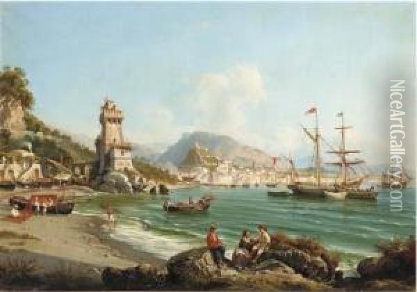 An Italian Brig And A Greek Barque Anchored Off The Neapolitan Coast Oil Painting - Giovanni Serritelli