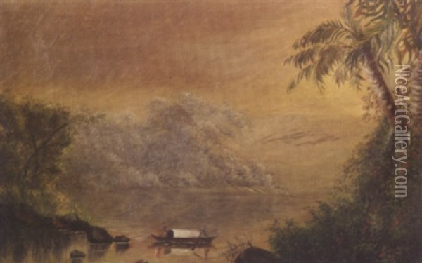 Tropical River Scene With A Boat Oil Painting - Norton Bush