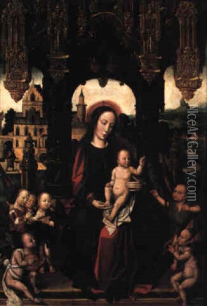 Madonna And Child Enthroned, Angels Nearby Oil Painting - Jan Gossaert