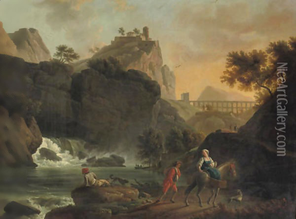 A mountainous river landscape with travellers on a track, a town on a hill and a roman acquaduct beyond Oil Painting - Vernet Claude Joseph