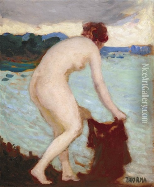 Nude With Veil (on The Waterfront) Oil Painting - Janos Thorma