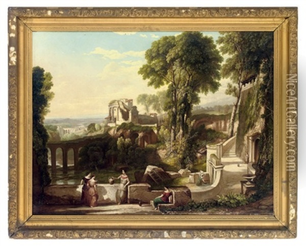 Figures In An Italian Capriccio Oil Painting - Claude Lorrain