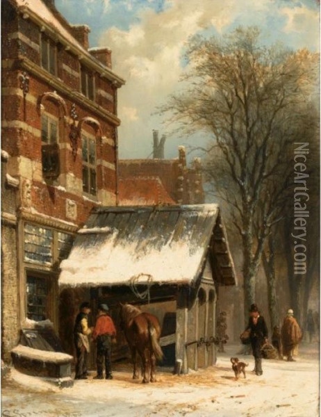 The Smithy Of Culemborg In Winter Time Oil Painting - Cornelis Springer