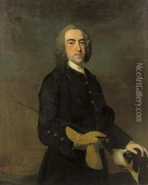 A Portrait Of A Gentleman, 
Standing Three-quarter-length, Wearing A Green Equestrian Coat And 
Holding A Riding Crop, With A Hound By His Side, In A Landscape Oil Painting - Thomas Hudson