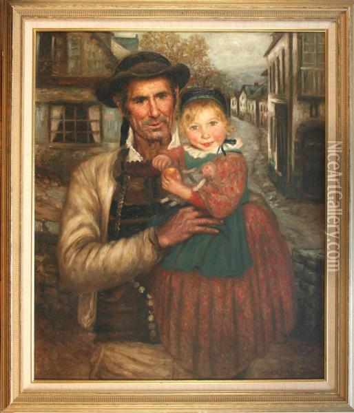 A Proud Father Holding His Daughter On A Village Road Oil Painting - Henry D Estienne