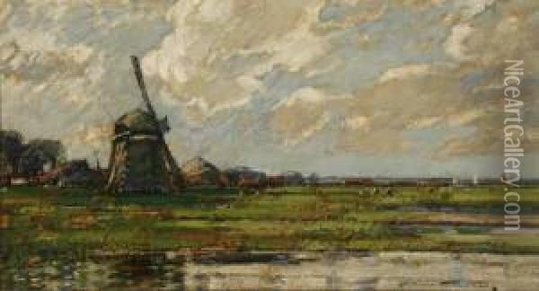 Polder Landscape With Windmill Oil Painting - Kershaw Schofield