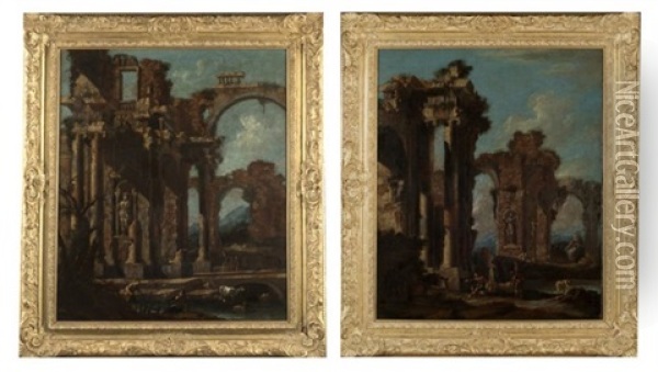 Architectural Capriccio With Figures In Ruins (pair) Oil Painting - Niccolo Codazzi