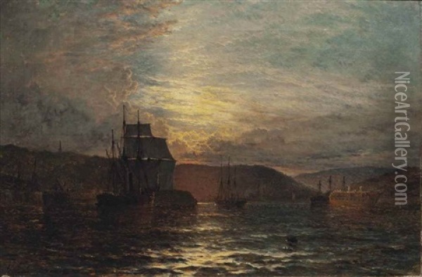 A Screw Steamer And Other Vessels Moored By A Harbour Wall, A Prison Hulk Beyond Oil Painting - Henry Thomas Dawson