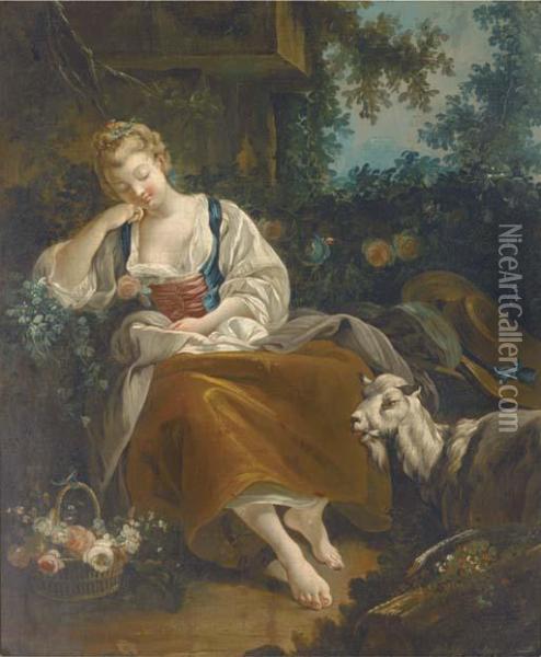 A Shepherdess Resting In A Wooded Clearing Oil Painting - Francois Boucher