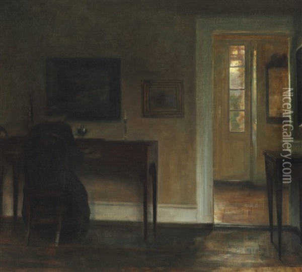 Interior With The Painter's Wife Sitting At The Piano Oil Painting - Carl Vilhelm Holsoe