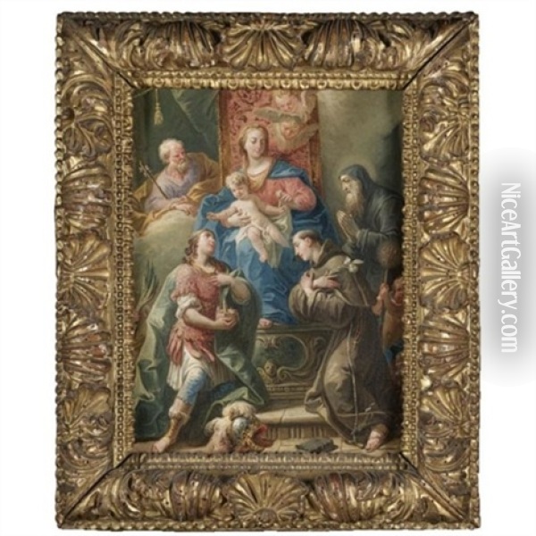 The Madonna And Child Enthroned With Saints Joseph, Anthony Of Padua, Francis Of Paola, And A Young Martyr Warrior Saint, Possibly Saint Florian, Holding A Model Of A Town Oil Painting - Gaspare Diziani