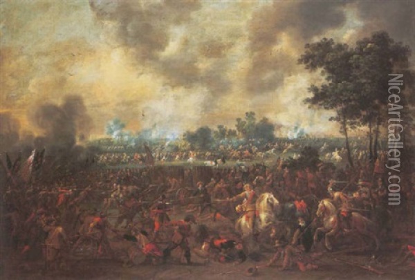 A Cavalry Skirmish On An Extensive Battlefield Oil Painting - Pieter Meulener