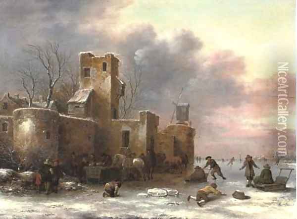 A winter landscape with figures skating outside a city wall Oil Painting - Claes Molenaar (see Molenaer)