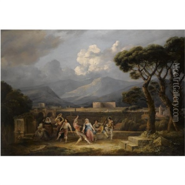 The Saltarello, With A View Of The Colosseum, Rome Oil Painting - Thomas Barker