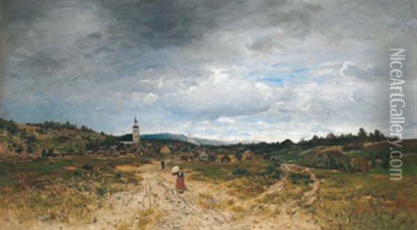 Blick Auf Ein Dorf Oil Painting - Jacob Oxholm Schive