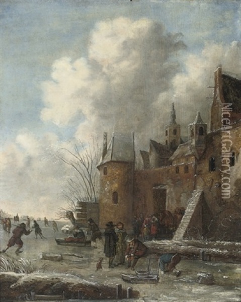 A Winter Landscape With Figures Skating And Sleighing Near A Village Oil Painting - Nicolaes Molenaer