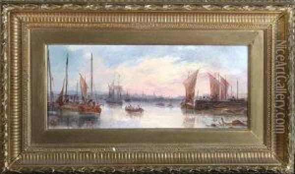 Boats In A Harbour At Sunset Oil Painting - John H. Wilson
