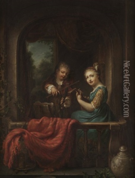 Musizierendes Kinderpaar Auf Balkon Oil Painting - Philip van Dyk
