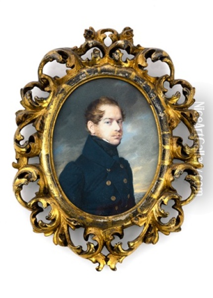 Portrait Des Ernst Freiherr Von Linden In Blauer Jacke Vor Landschaftshintergrund Oil Painting - Friedrich Johann Gottlieb (Franz) Lieder
