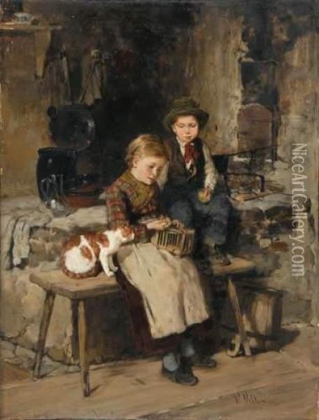 Les Enfants A La Cage Oil Painting - Wilhelm Velten
