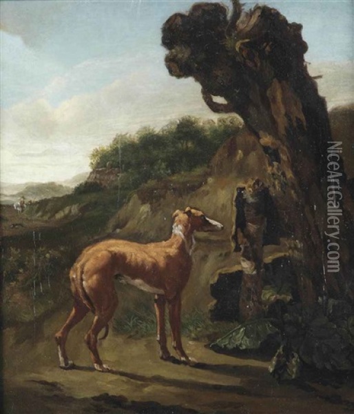 A Greyhound By A Willow In A Landscape Oil Painting - Abraham Jansz. Begeyn