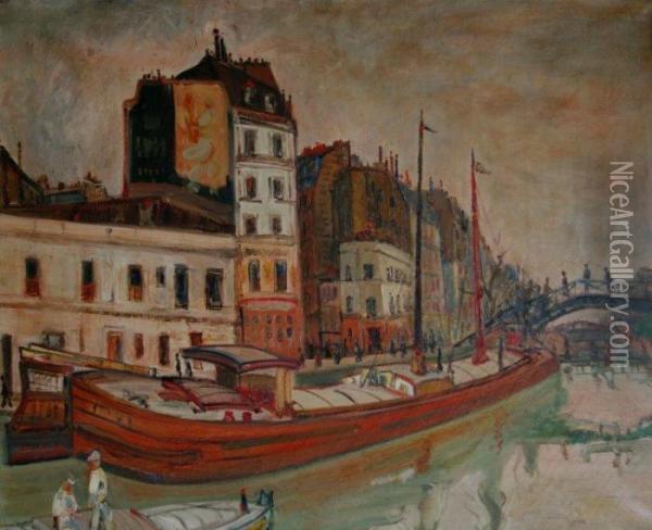 Peniche A Quai Sur Le Canal Saint-martin Oil Painting - Abraham Mintchine