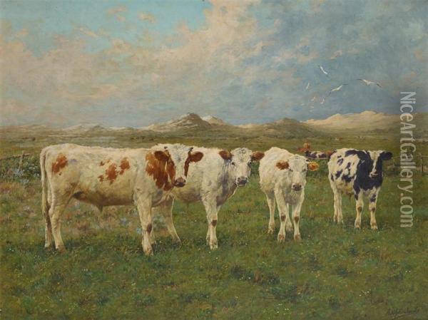 Troupeau De Vaches Sur Fond De Paysage Montagneux. Oil Painting - Adolphe Jacobs