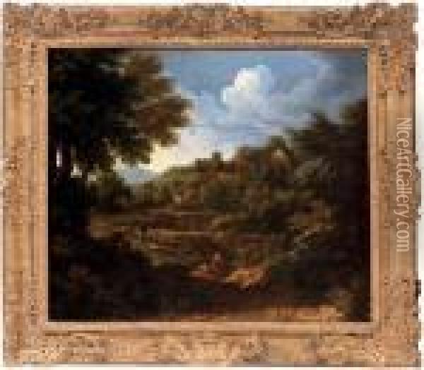 A Wooded Landscape With Figures By A River Oil Painting - Gaspard Dughet Poussin