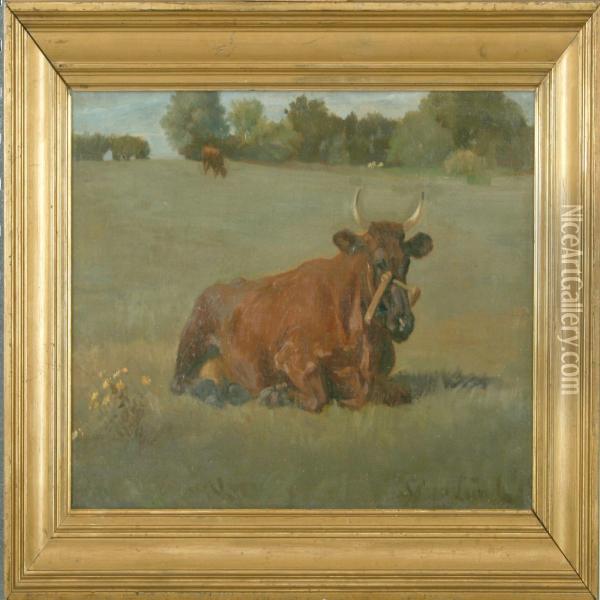 Field With A Resting Cow Oil Painting - Soren Lund