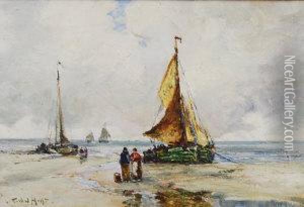 Figures By Beached Fishing Vessels Oil Painting - Pieter I Van Der Hulst