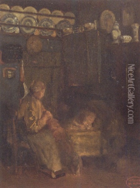 Watching Over The Baby Oil Painting - Albert Johan (Jan) Neuhuys