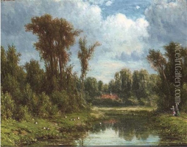 Along The River In Summer Oil Painting - Jacob Jan van der Maaten