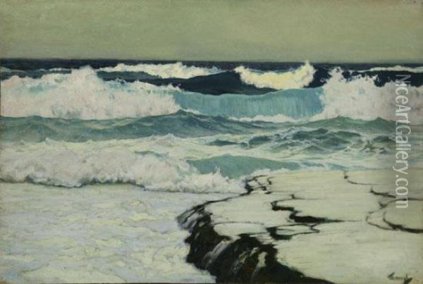 Waves Crashing Along A Rocky Coast Oil Painting - Frederick Judd Waugh