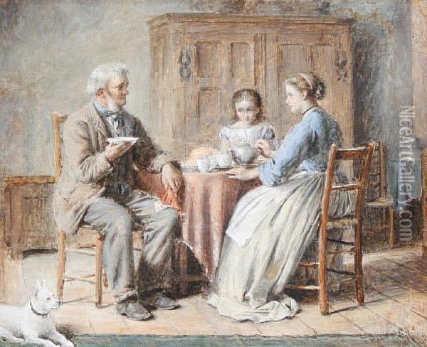 Tea Time - A Family Around A Kitchentable Oil Painting - George Goodwin Kilburne
