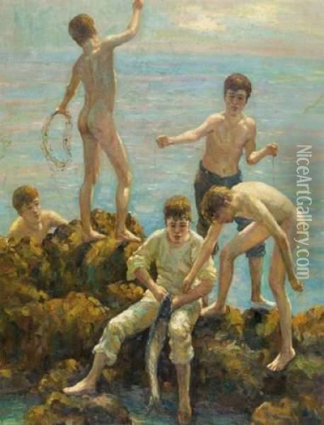 Les Enfants Et La Partie De Peche Oil Painting - Henry Scott Tuke
