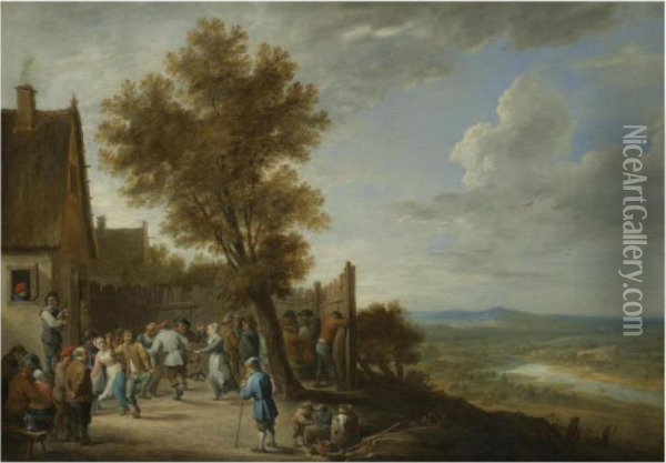 Peasants Dancing To The Bagpipes
 Outside An Inn, A Panoramicvalley Landscape To The Right Oil Painting - David The Younger Teniers