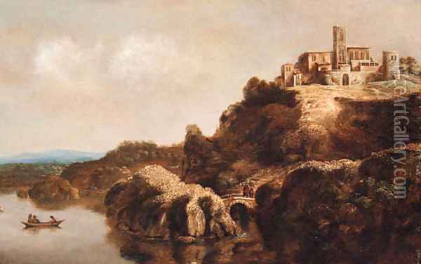 An extensive landscape with a monastery above a river Oil Painting - Claude De Jongh