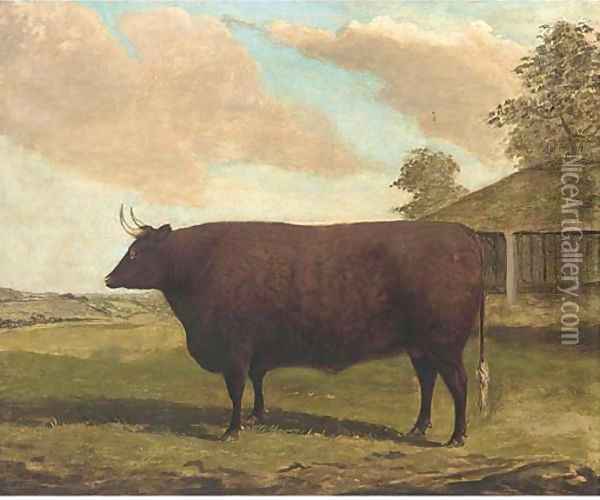 A long horned bull in a landscape; and another similar Oil Painting - English Provincial School
