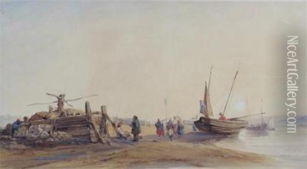 Coastal Scene With Fisherfolk On The Shore Oil Painting - Richard Parkes Bonington