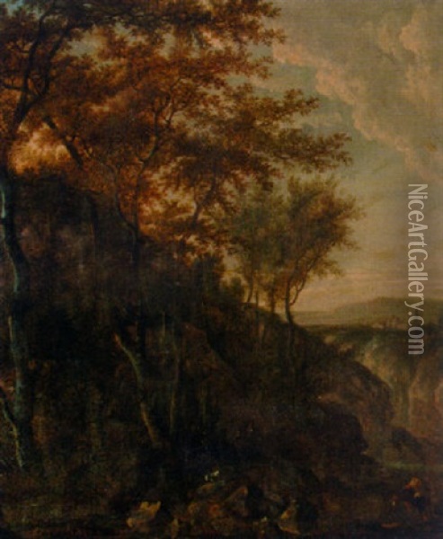 Peasants In A Wooded Landscape Oil Painting - Jan Hackaert