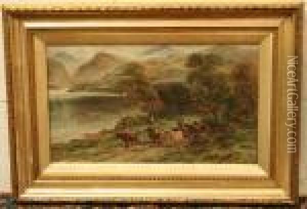 Highland Cattle Being Herded Along A Rural Track Beside A Loch Oil Painting - William Langley