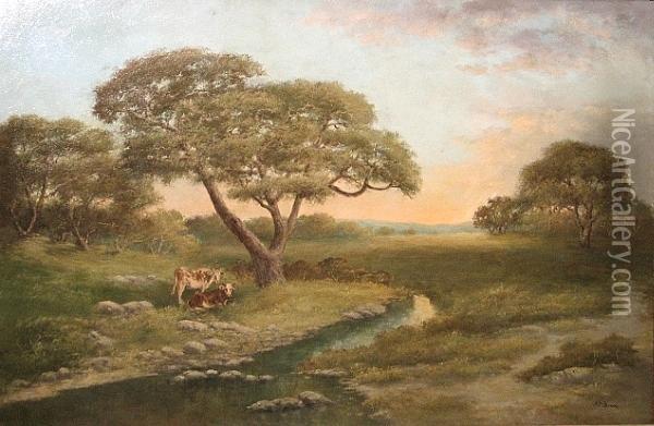 Cows Resting Near A Riverbank Oil Painting - Alphonso Herman Broad